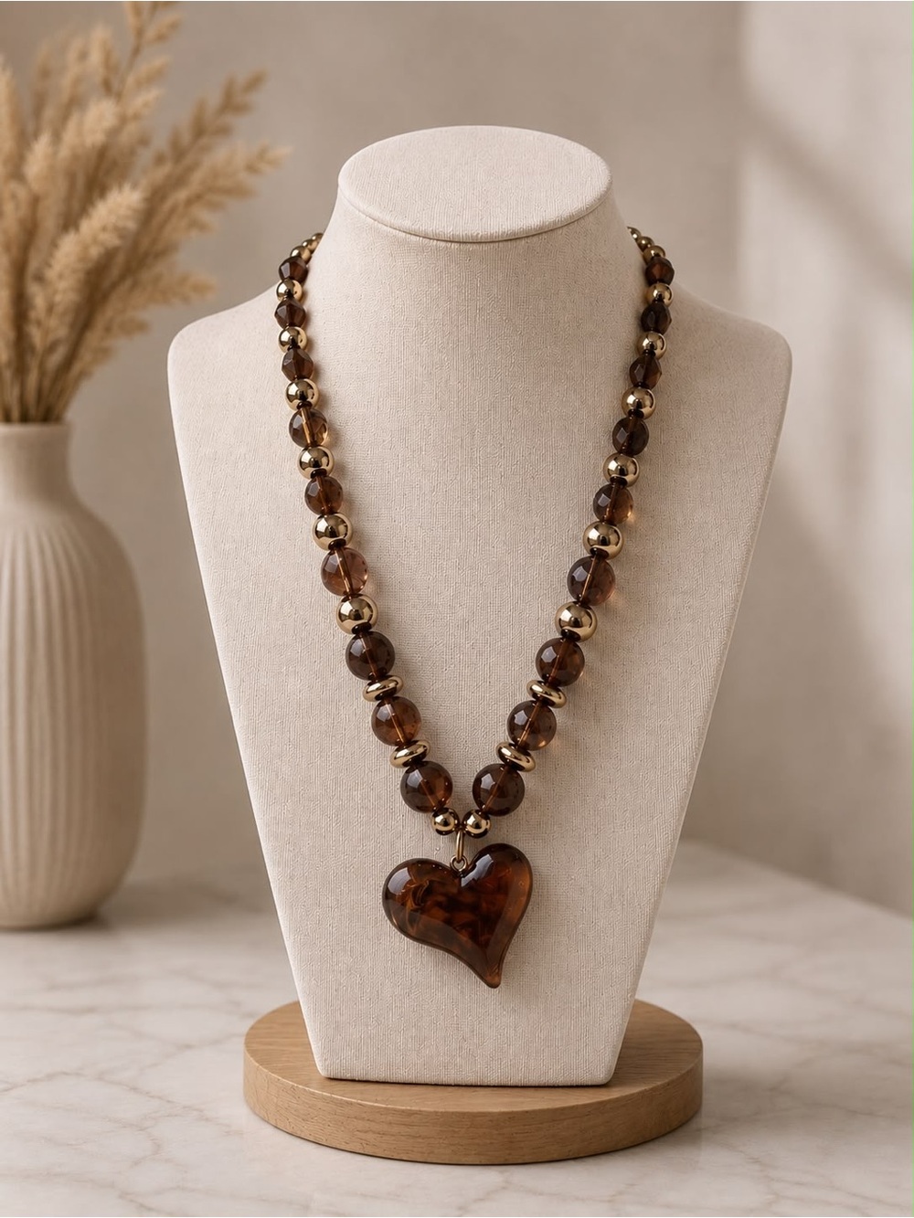 Tortoiseshell Heart Pendant Bead Necklace - Brown
